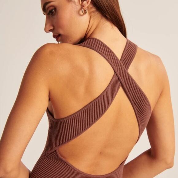 Abercrombie & Fitch Dress Womens Small Petite Brown Scuba Ribbed Knit Mini Cross - Picture 2 of 12